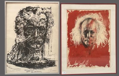 two framed prints of a woman and a man with a red background