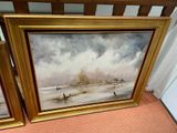 two framed paintings of geese in a snowy landscape on a red carpet