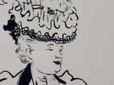 drawing of a woman with a hat on her head with words above her head