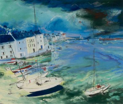une peinture de bateaux sur l'eau dans un port