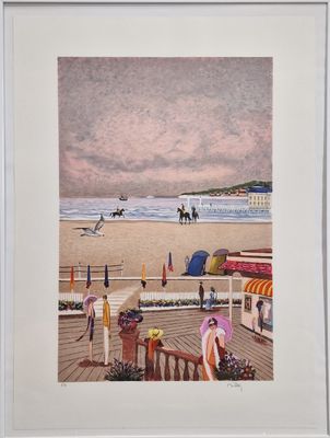 painting of a beach scene with umbrellas and people on the beach