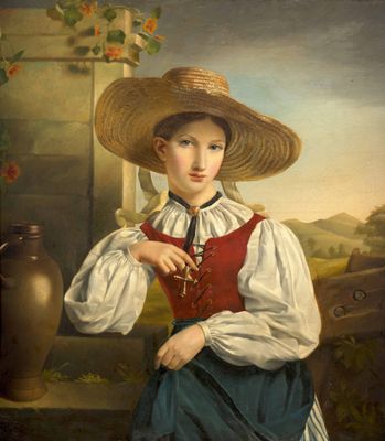 portrait d'une jeune fille coiffée d'un chapeau de paille et tenant un livre rouge