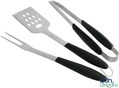trois ustensiles de cuisine et spatules noirs et blancs sur fond blanc