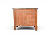a wooden cabinet with a marble top on a white background