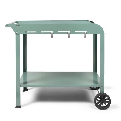a green barbecue cart with wheels on a white background