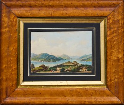 une image représentant une peinture d'un paysage avec un lac et des montagnes