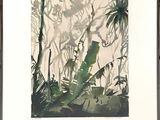 framed picture of a painting of a jungle scene with palm trees