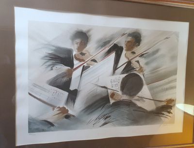 tableau représentant un homme et une femme jouant d'instruments de musique devant un miroir