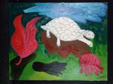 une peinture représentant une tortue allongée sur un rocher