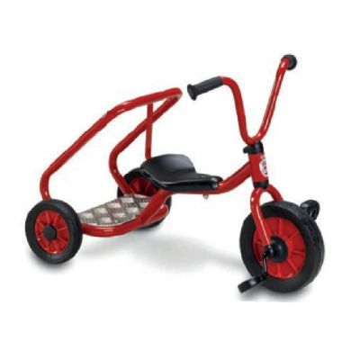 the tricycle is red with black wheels and a black seat