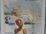 affiche représentant un homme tenant un bouquet d'oranges devant un bateau