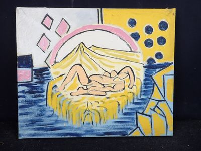 un tableau représentant une femme allongée dans une crèche, sur un lit