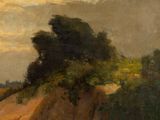an image of a painting of a man riding a horse on a dirt road