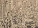 a drawing of a large group of people in a large room