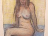une peinture à l'huile représentant une femme assise sur un lit, dans un cadre blanc