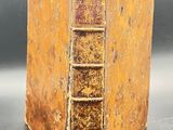 a close up of an old book with a ladder in it