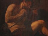 un tableau représentant un homme jouant d'un instrument dans une pièce sombre