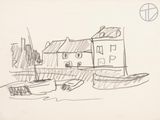 sketches of a drawing of boats in a harbor with a building in the background