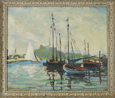 une peinture à l'huile représentant des bateaux dans un port par une journée ensoleillée