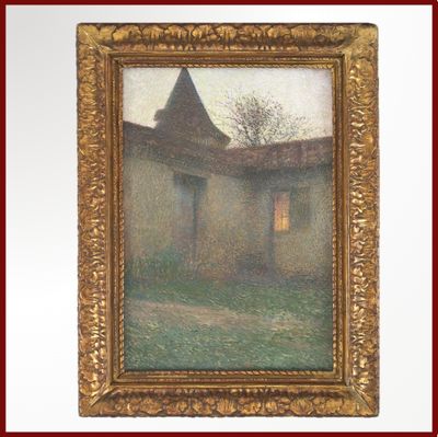 une image d'une peinture représentant une maison dans un champ