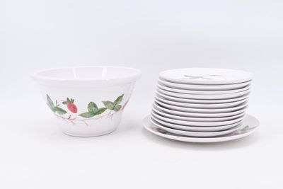 a stack of plates and a bowl sitting on a table