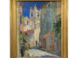 une image représentant un tableau représentant une scène de rue avec des bâtiments