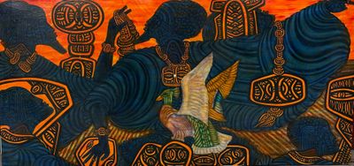 a painting of a bird flying over a group of people