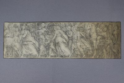 a drawing of a group of people on a wall
