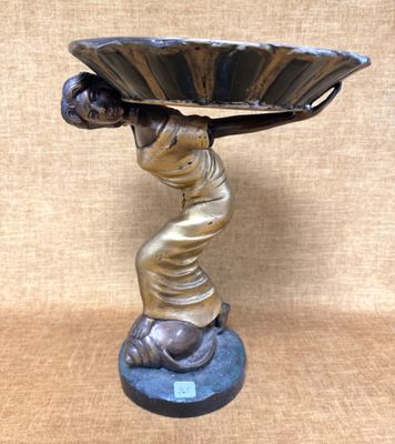statue en bronze représentant une femme portant un bol sur la tête