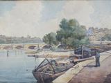 a painting of a man standing on a dock next to a boat