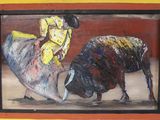 un tableau représentant un taureau et une femme en robe jaune