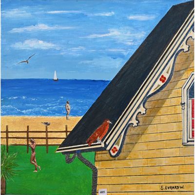 tableau représentant un oiseau perché sur le toit d'une maison au bord de la mer