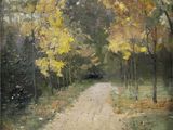 une image représentant un tableau d'un chemin de terre entouré d'arbres