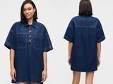 deux photos d'une femme en robe en jean et d'une femme en robe en jean