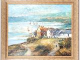 an image of a painting of a house on a hill overlooking the ocean
