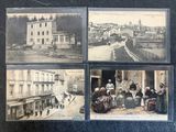 four old black and white photos of people and buildings on a street