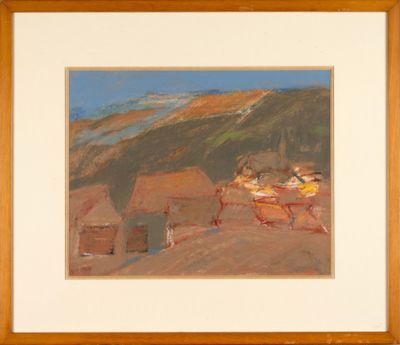 painting of a mountain scene with a table and chairs in the foreground