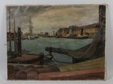 tableau représentant une scène de port avec des bateaux et des bâtiments en arrière-plan