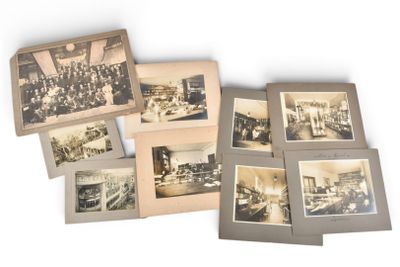 several old black and white photos of a group of people in a room