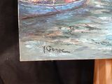 a painting of a man in a boat on the water