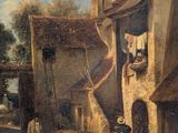 a painting of a street scene with people and dogs