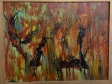 un tableau représentant un cerf dans un champ d'herbe