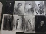 several black and white pictures of people in different poses on a table