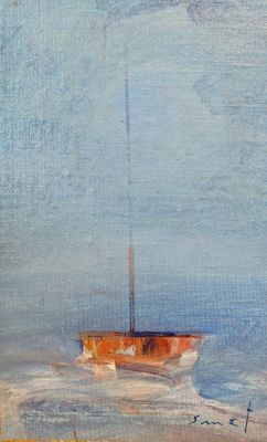 une peinture à l'huile représentant un bateau en mer par temps nuageux