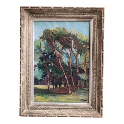 an oil painting of trees in a field with a white frame