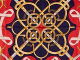 red, blue, and gold square scarf with a design of swords and swords