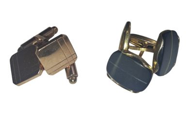 pair of blue and gold cufflinks on a white background