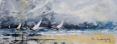 painting of a group of sailboats sailing on a large body of water