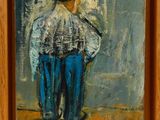 an oil painting of a man in a hat and blue pants