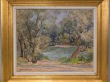 une peinture à l'huile représentant une scène fluviale avec des arbres et une route